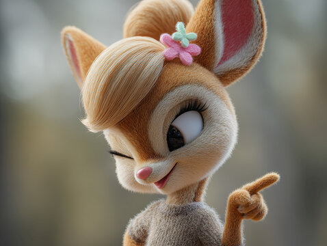 Close-up shot of an anthropomorphic, lively deer-like character in a 3D, cartoon style Wearing a hair clip and sporting long, straight blonde hair with a pink flower accessory Hinted - AI-Generated