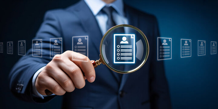 Businessman examining resumes with magnifying glass in professional setting
