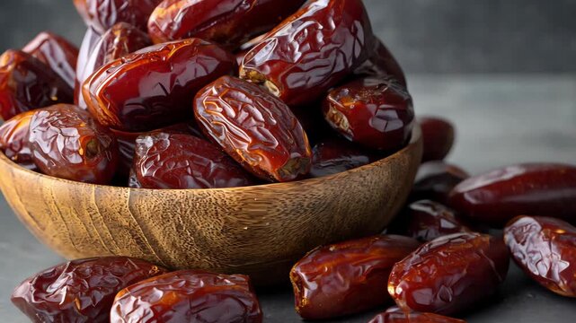 A close-up view of fresh and plump dates presented in a natural wooden bowl