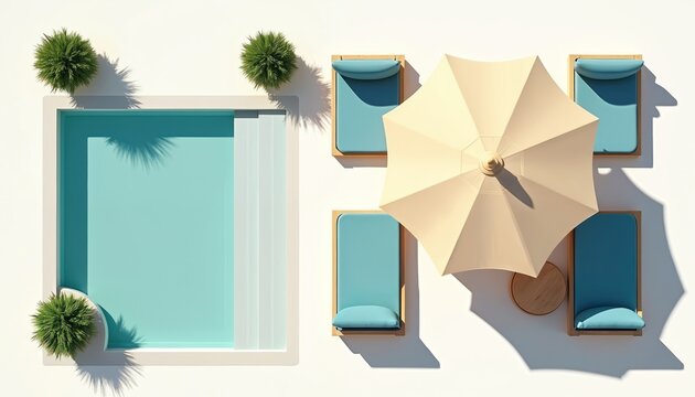 Top view shows patio with pool and lounge chairs. Modern design includes umbrella table plants on white. Summer vacation relax scene at beach resort. Minimalist clean aesthetic for home decor.