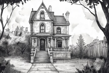 Victorian mansion, a gothic house illustration on a gloomy day