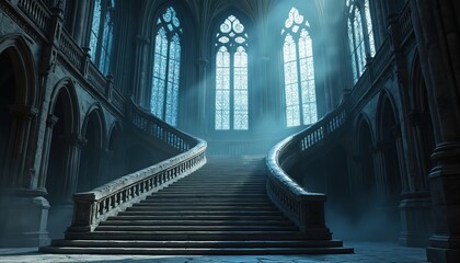 Stone staircase winds up in gothic cathedral. Light streams through large arched windows. Mystical architecture illustration shows elegant castle hall. Perfect for historical fantasy game book cover
