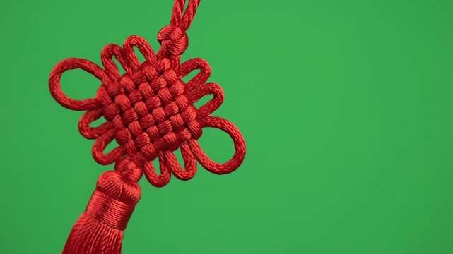An auspicious, vibrant red chinese celebration knot hangs in a close-up against a bright green screen for easy chroma keying.