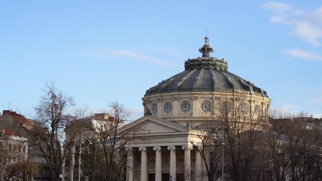 Neoclassical architecture of the Romanian Athenaeum or Ateneul Roman concert hall a major cultural monument in Bucharest Romania