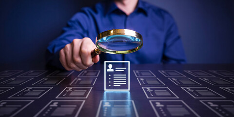 Man using magnifying glass to examine glowing resume on futuristic table