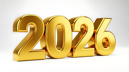Golden 3D 2026 numbers, shiny and reflective, on white background