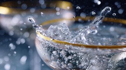 Crystal clear cocktail splash in glass bowl with golden rim, macro close-up with bokeh droplets, luxury drink concept for bar menu design, ads, banners, nightlife branding