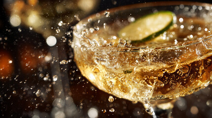 Crystal clear cocktail splash in glass bowl with golden rim, macro close-up with bokeh droplets, luxury drink concept for bar menu design, ads, banners, nightlife branding