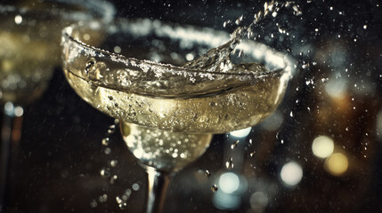 Crystal clear cocktail splash in glass bowl with golden rim, macro close-up with bokeh droplets, luxury drink concept for bar menu design, ads, banners, nightlife branding