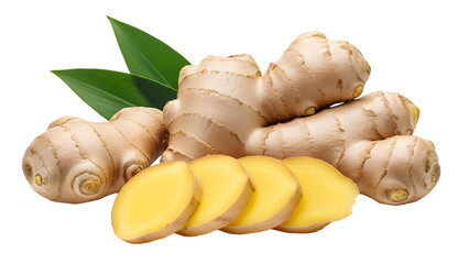 Fresh ginger root isolated on transparent background with green leaves and sliced pieces