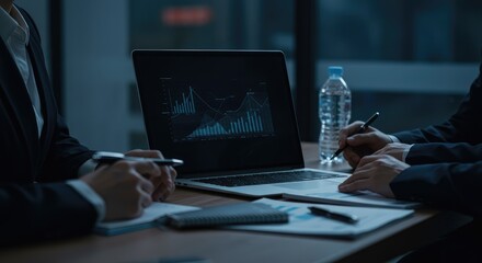 Two businesspeople in a meeting at night, reviewing data on a laptop
