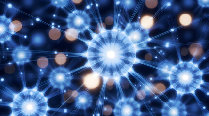 An abstract digital network of glowing blue spheres connected by radiating light filaments, featuring bright white centers and soft amber bokeh highlights in the background.