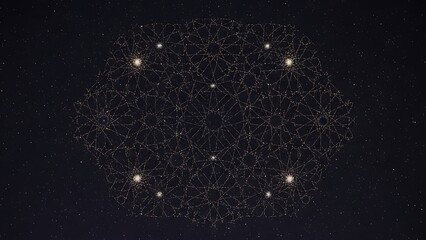 Intricate glowing geometric pattern resembling a cosmic mandala against a dark starry sky, featuring bright points of light.