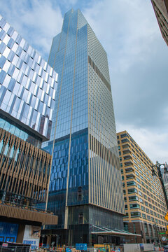 Hudson's Detroit building is a newly finished office building with postmodernism at 1000 Nick Gilbert Way in downtown Detroit, Michigan MI, USA. 