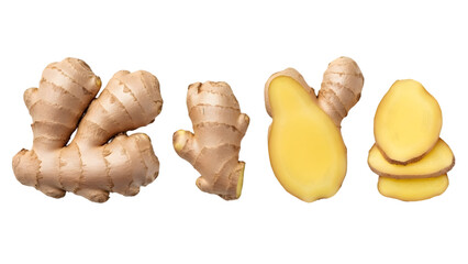 Fresh ginger roots and slices isolated on transparent background
