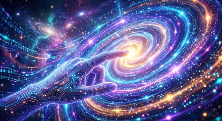 Cyborg hand touching vibrant galaxy swirl with circuit board details