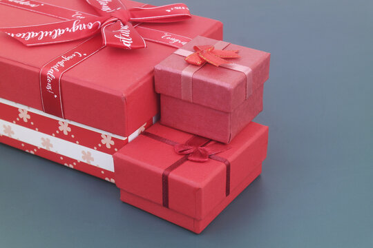 Gift boxes on blue background. Birthday and resent concept.