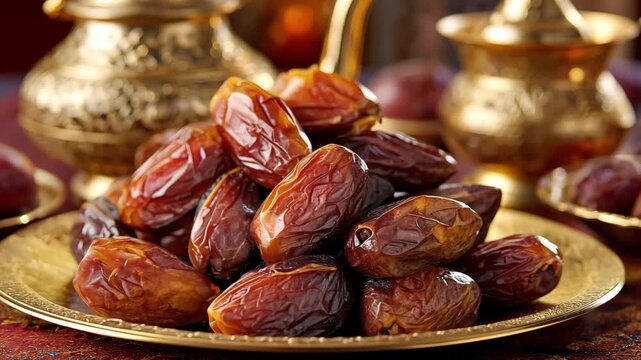 A close-up shot of dates on a gold plate with traditional middle eastern elements in the background