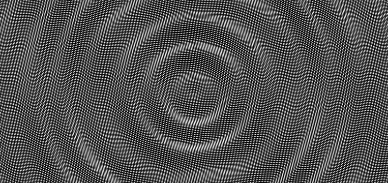 3D wavy background. Ripple effect. Grid surface. Black and white. Vector illustration for cover, card, postcard, banner, poster, brochure or presentation.