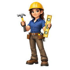Female Builder Holding Hammer and Level Tool - AI Generated