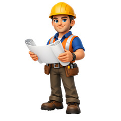 Male Construction Worker Holding Rolled Blueprints - AI Generated