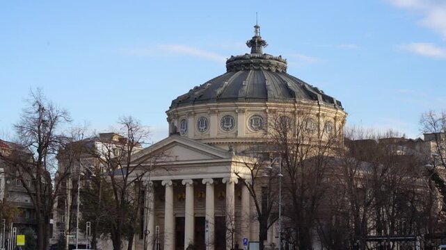 Neoclassical architecture of the Romanian Athenaeum or Ateneul Roman concert hall a major cultural monument in Bucharest Romania