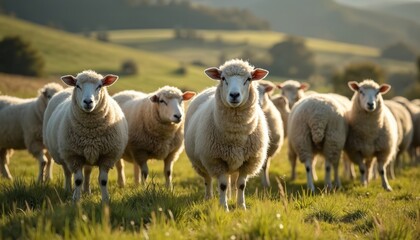 Fototapeta premium Flock of white sheep graze on green New Zealand pasture under soft sun. Farm animals stand in grass field, peaceful rural countryside background. Merino wool livestock grazing on farmland.