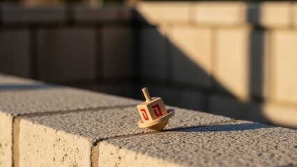 Small wooden dreidel spinning on a stone ledge, warm sunlight