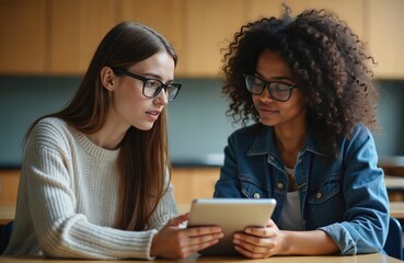 Fototapeta premium Two young women, diverse ethnicity, wear glasses and study together in classroom. They look at tablet device and talk, sharing information for school project. Collaboration and learning.