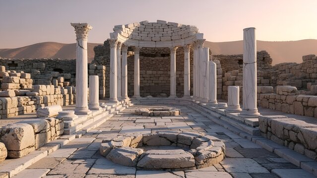 Ancient Byzantine church ruins standing in Emmaus Nicopolis at sunset