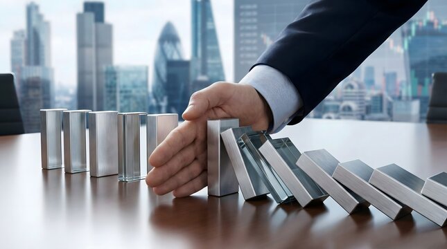 Business risk management strategy,hand stopping falling metal domino blocks,prevention of chain reaction crisis in financial or corporate decision-making