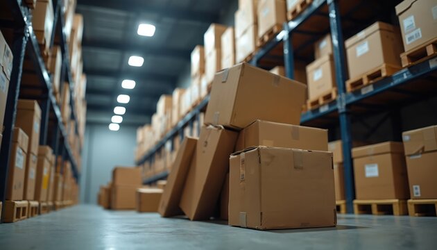 Stacked cardboard boxes lean precariously on warehouse floor. Rows of shelves filled with boxes show logistic storage. Potential workplace hazard due to bad arrangement. Focus on instability