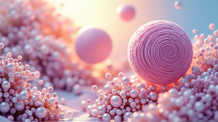 close group small pink spheres scattered white surface spheres different sizes shapes being larger others smaller center large pink sphere spiral pattern its surface surrounding sphere smaller pink