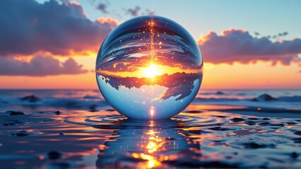 digital art piece appears photograph beautiful sunset over ocean sky filled orange pink hues sun setting background casting warm glow over horizon water calm reflects colors sky creating mirror like