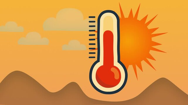 Hot weather concept with a temperature gauge in a sunny sky, clouds, and arid landscape, ideal for climate change and heatwave themes
