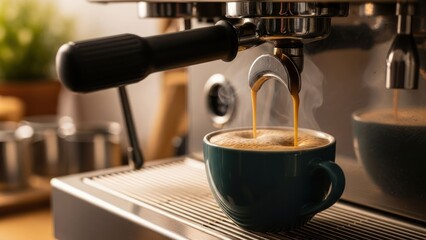 Steaming espresso pouring into a teal cup, machine in background