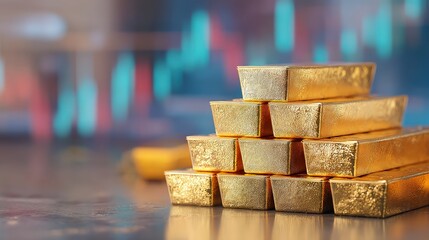 A stack of gleaming gold bars reflects financial success against a blurred background of stock market trends and data.