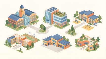 Fototapeta premium Isometric school campus illustration with classrooms,sports field,library and eco-friendly building for education and learning concept