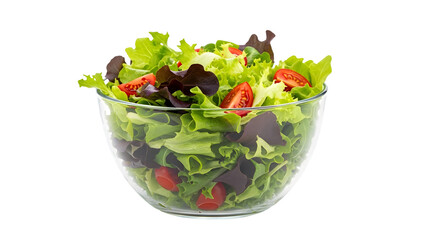 A glass bowl filled with mixed greens salad and vegetables isolated on transparent background