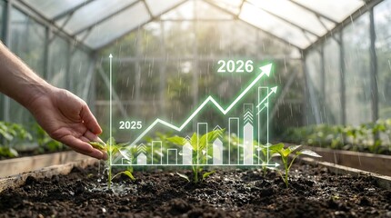 Greenhouse plant growth with digital data overlay,agriculture technology for 2025 to 2026 sustainable development and innovation