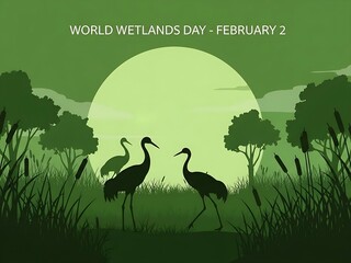 Decorative conservation graphic showing herons in a green-themed wetland landscape with bold silhouettes and soft-toned environmental typography.