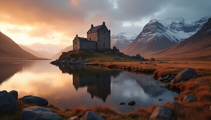 Ancient stone castle stands on rugged rocky hill by still loch water reflecting soft golden light at sunset. Rugged snow capped mountains rise under dramatic cloudy sky. Scottish Highlands landscape