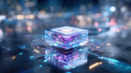 Glowing quantum processor cube with neon circuitry and futuristic light reflections, vibrant technological energy