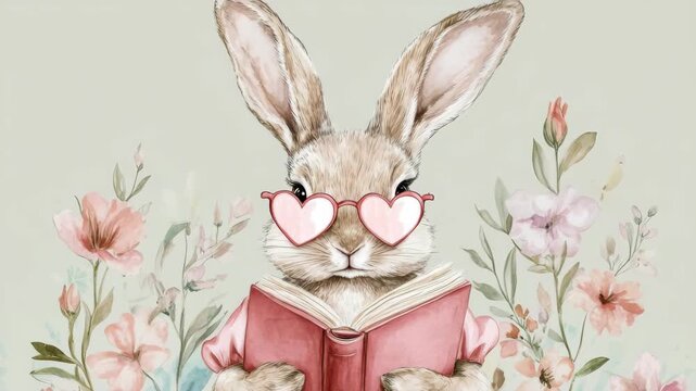 Cute rabbit reading book among flowers in heart sunglasses