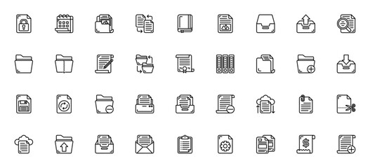 Documents icon set. Vector file management icons. Includes padlock, calendar, file, folder, cloud, email, edit, search, printer and more. Editable stroke.