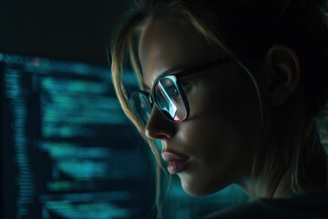 A focused individual wearing glasses, intensely looking at a screen displaying lines of code, illuminated in a dark environment, highlighting a tech-savvy atmosphere.