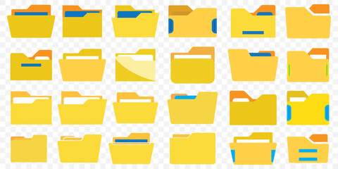 File folders icons set. Data file folders. collection of open and closed folders. Vector illustration. Folders icon collection. File folder vector icon set On Transparent Background. EPS 10.