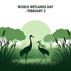 World Wetlands Day graphic featuring heron silhouettes and marsh plants in a monochromatic green landscape under a stylized sun.