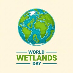 International environmental holiday banner showcasing a stylized green Earth and bold lettering for World Wetlands Day campaign materials.