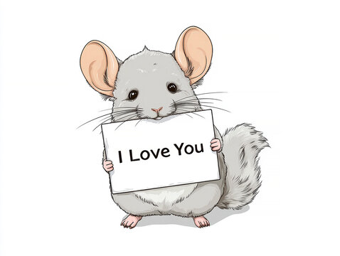 A cartoon illustration features a light brown mouse holding a I Love You sign, centered on a white background The mouses fluffy tail and soft gray-toned chinchilla are - AI-Generated